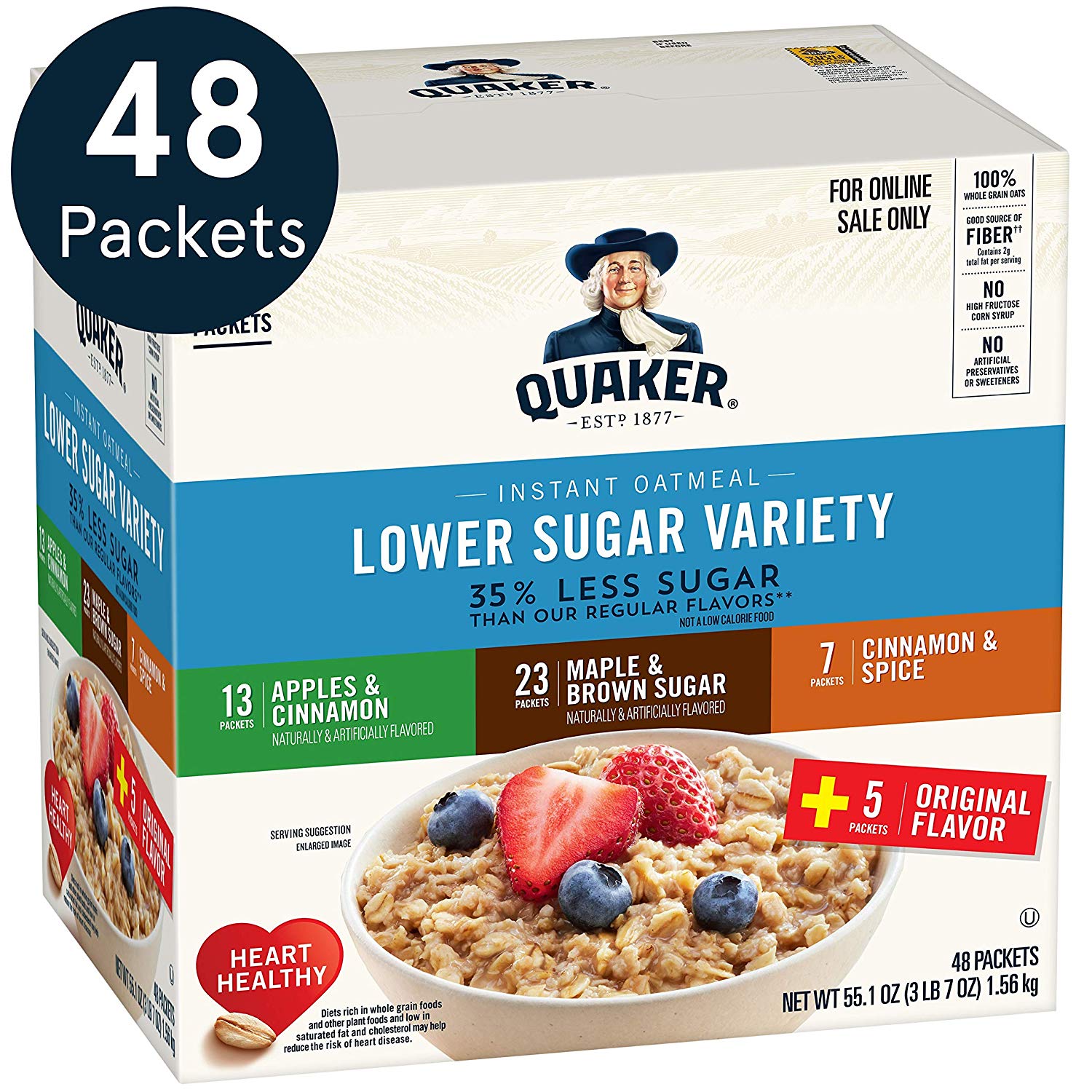 48-Count Quaker Lower Sugar Instant Oatmeal (Variety Pack) $8.44 5% or $7.55 15% w/ S&S + Free S&H