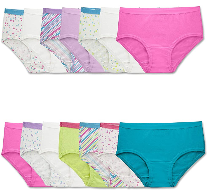 14 ct. Fruit of the Loom Girls Cotton Brief Underwear (Sz. 4 & 14) $5.00 - Amazon