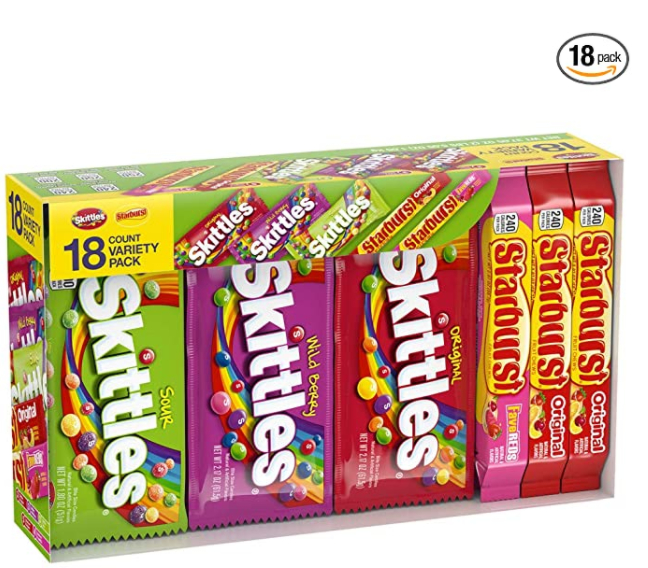 18-Ct. Skittles & Starburst Fruity Candy, Full Size Variety Mix Box, 37.05 Ounce $11.92 - Amazon