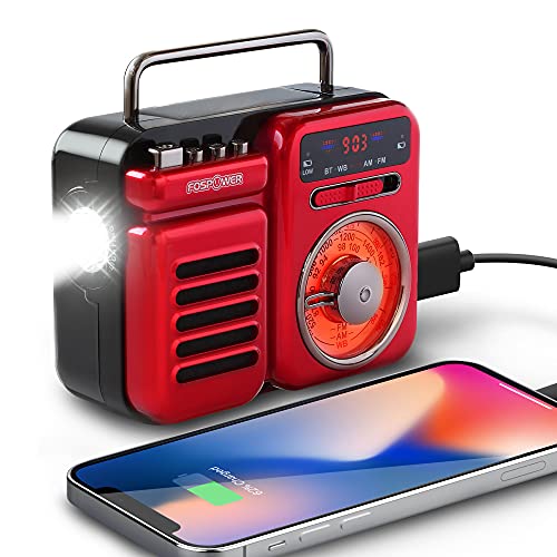 FosPower 2000mAh Emergency Weather Radio, Retro Style Portable Radio with 5.0 Bluetooth Speaker, Hand Crank, Solar Charging, AM/FM/WB, $10.99 + Free Shipping w/ Prime or on $25+