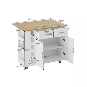 White Kitchen Island Cart With 2 Door Cabinet And 2 Drawers, Foldable Rubberwood Table Top Multi-Functional Cart .6