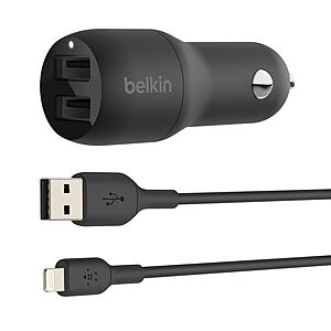 Belkin BoostCharge 24W (2x 12W) Dual USB-A Car Charger with Lightning Cable $5.99