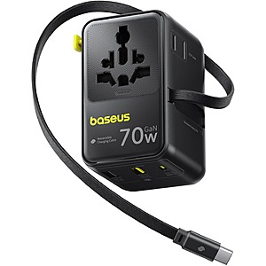 Baseus Enercore CG11 6-in-1 Universal 70W GaN Travel Adapter w/ Retractable Cable  + Free Shipping