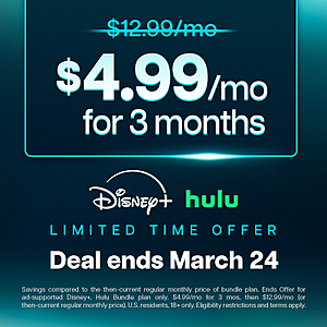 3-Months Disney+ w/ Hulu Bundle w/ Ads Streaming Subscription $5/Month (Valid thru 3/24)