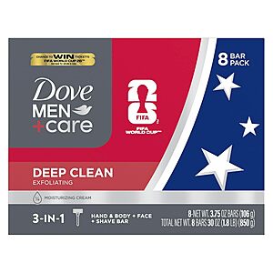 Prime Members: 8-Pk 3.75-Oz Dove Men+Care 3-in-1 Bar Soap (Deep Clean) $9.65 w/ S&S + Free S&H