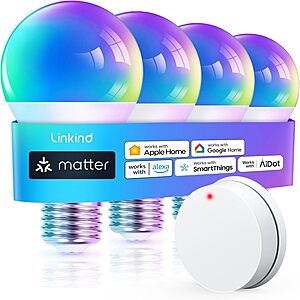 4-Pk Linkind Matter WiFi Smart RGBTW LED Light Bulbs w/ Remote