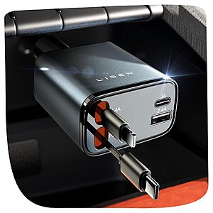LISEN 84W 4-Port Retractable Car Charger w/ Built-In USB-C & Lightning Cables