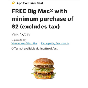 Select McDonald's Locations: Big Mac Sandwich Free w/ $2+ Purchase (Valid on 9/9 only)