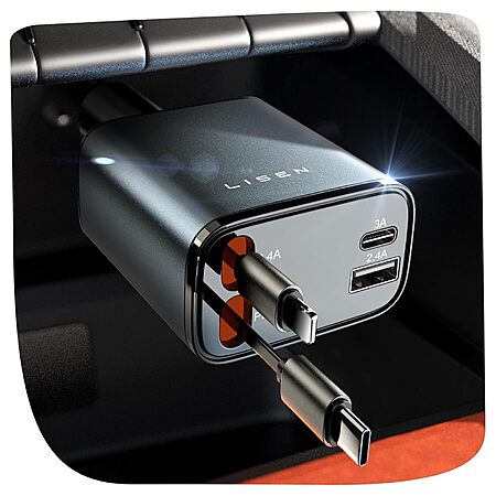 LISEN 84W 4Port Retractable Car Charger w BuiltIn USBC & Lightning Cables $11.25