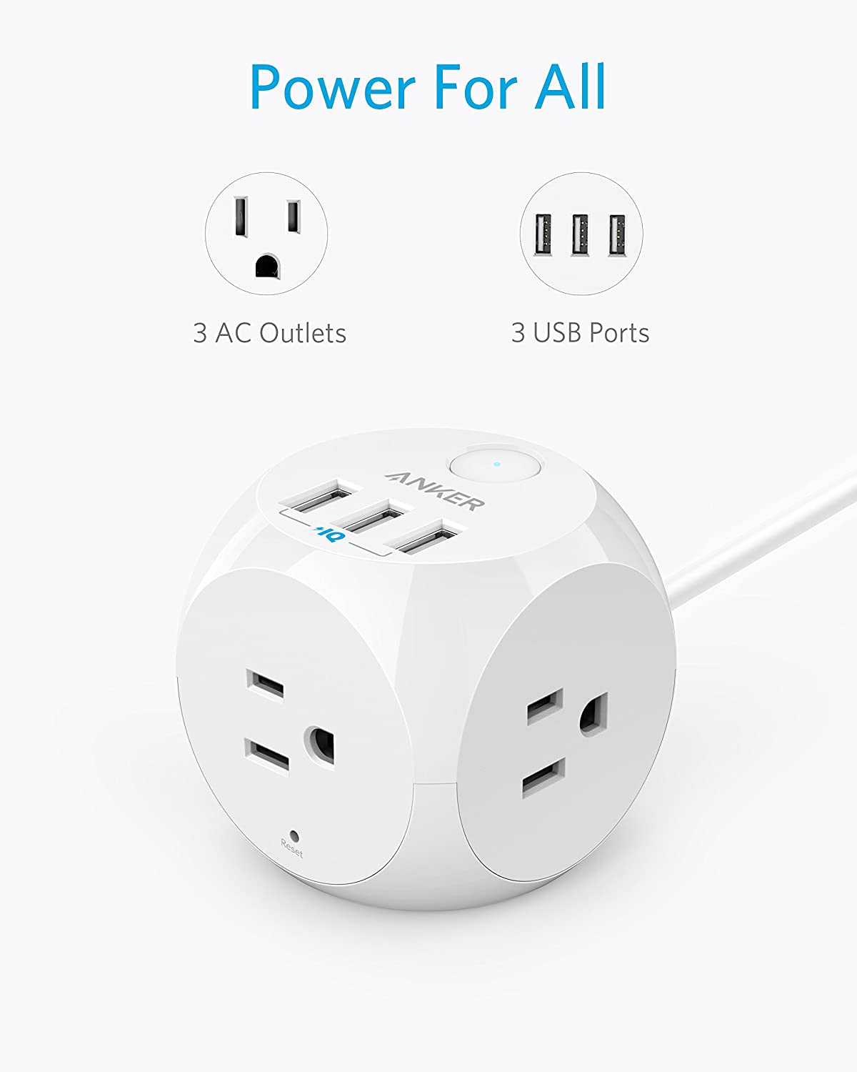 Power Strip with USB, Anker PowerPort Cube with 3 Outlets and 3 USB Ports, Portable, 5 ft Extension Cord, $16.6