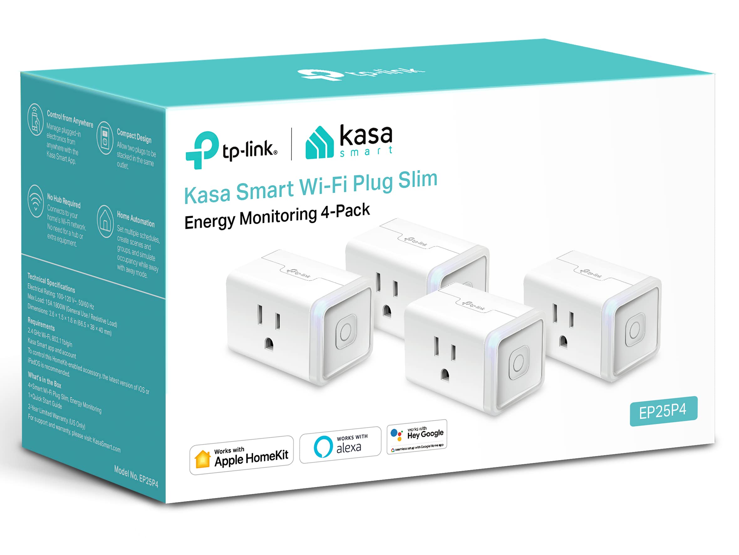 Kasa Smart Plug Mini 15A, Apple HomeKit Supported, Smart Outlet Works with Siri, Alexa & Google Home, 4-Pack (EP25P4) for $34.99