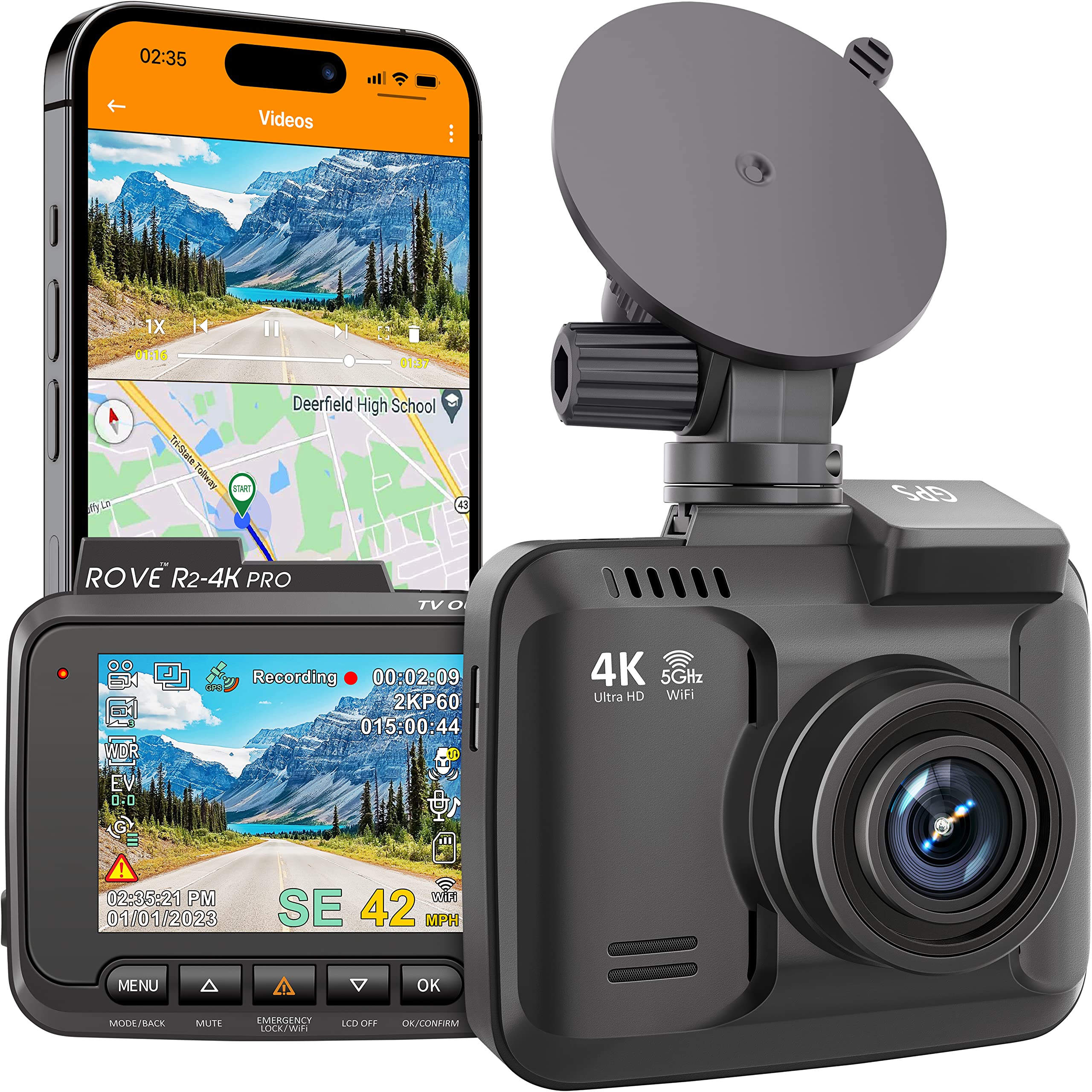  ROVE R2-4K PRO Dash Cam, Built-in GPS, 5G WiFi Dash Camera for  Cars, 2160P UHD 30fps Dashcam with APP, 2.4 IPS Screen, Night Vision, WDR,  150° Wide Angle, 24-Hr Parking Mode