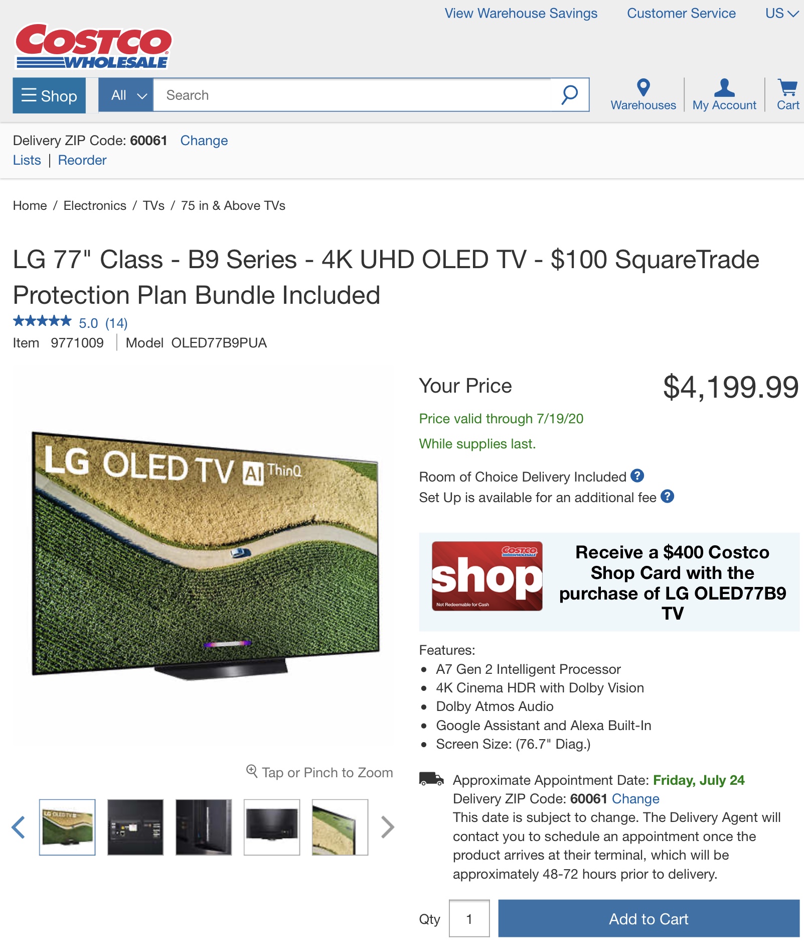 Costco LG OLED77B9 77” 4K UHD TV $3799