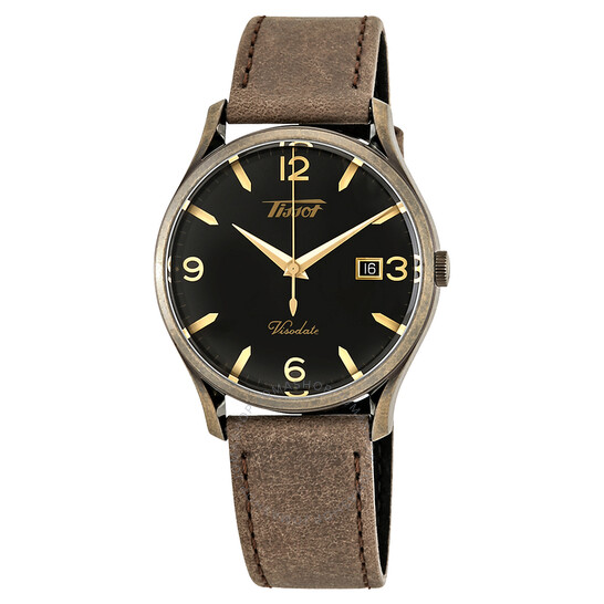 40 mm TISSOT Heritage Visodate Black Dial Brown Leather Men's Watch $128