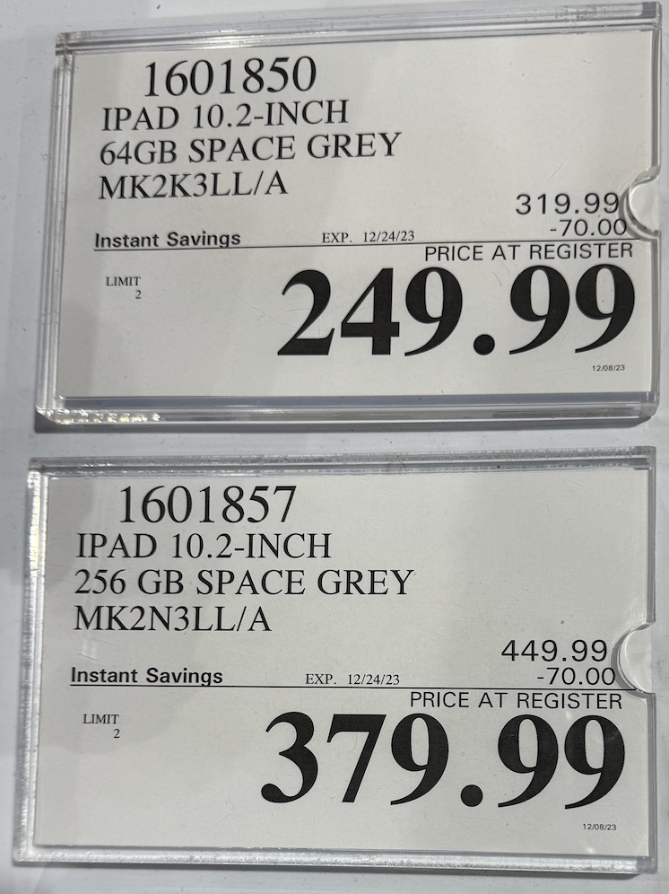 64gb iPad 10.2" space grey $250, 256gb $380 - 9th gen - Costco in store