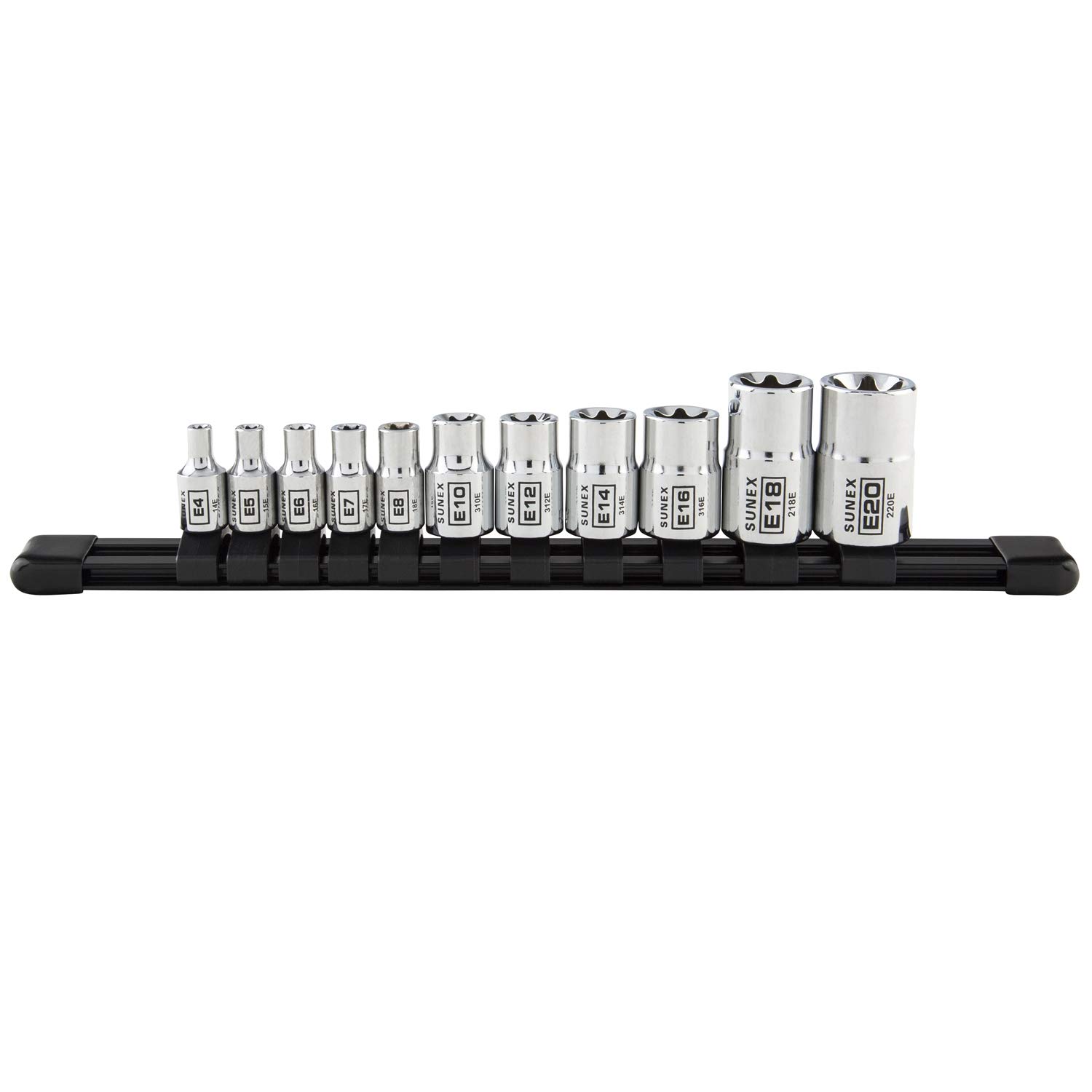 Sunex Tools 11Pc 1/4", 3/8" & 1/2" drive external star Torx socket set with rail,  E4-E20 sizes $5.11 from Amazon