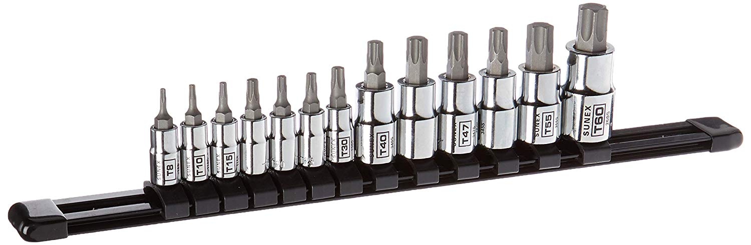 Sunex Tools 13Pc 1/4", 3/8" & 1/2" Drive internal star Bit Socket Rail, sizes T8-T60 $7.94 from Amazon