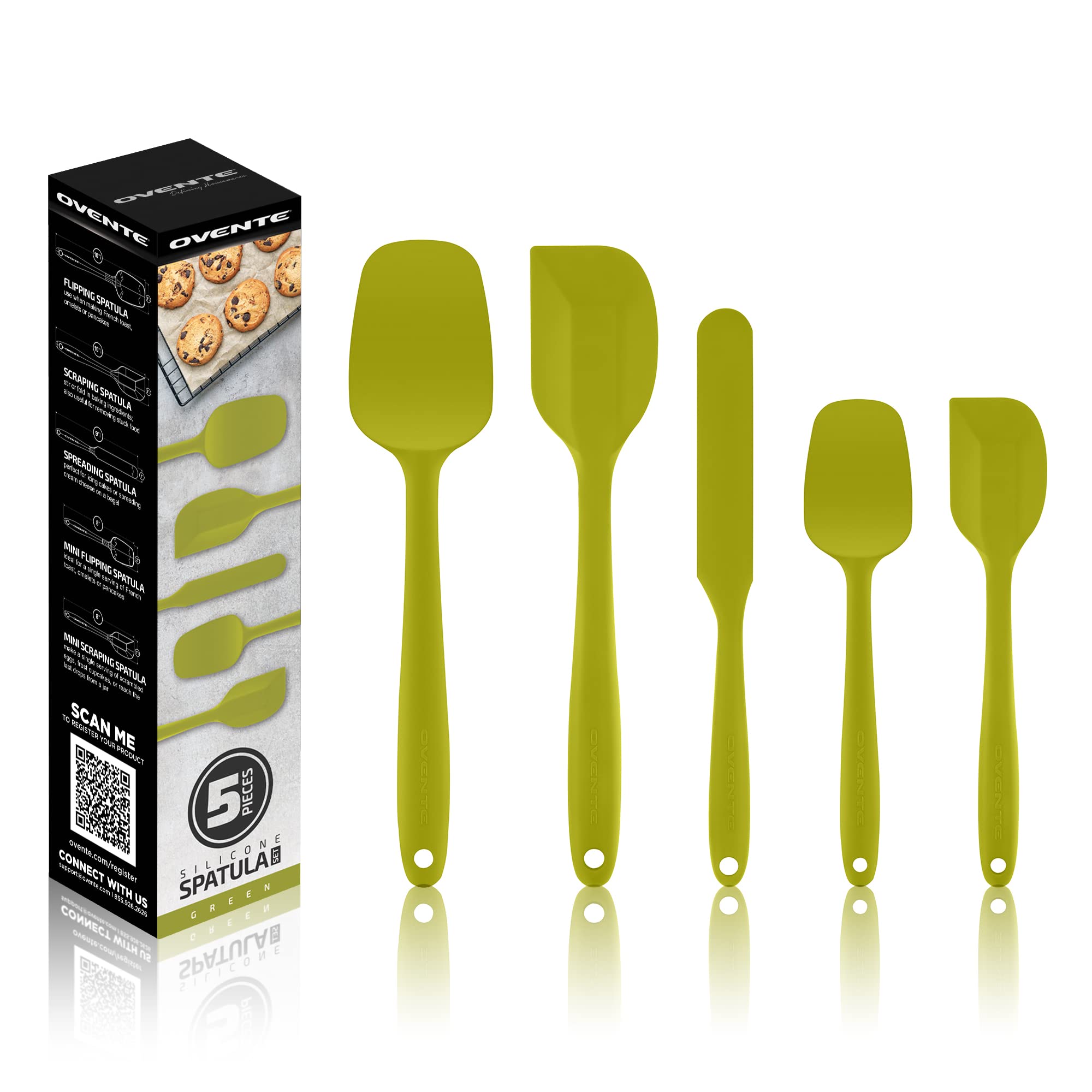 5Piece Ovente Seamless Rubber Spatula Set (Silicone, Green) 8 + Free