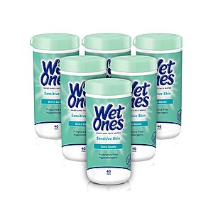 6-Pack 40-Count Wet Ones Hand and Face Wipes (Sensitive Skin) $12.80 w/S&S + Free Shipping w/ Prime or on $35+