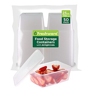 50-Count 25-Oz Freshware Plastic Deli Food Storage Containers w/ Lids .20