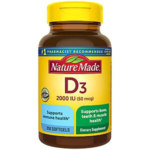 250-Count Nature Made Vitamin D3 2000 IU Softgels Dietary Supplement (50 mcg) .15 w/ Subscribe & Save