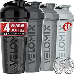 4-Ct 28oz Velomix Protein Mixing Shaker Bottles w/ Wire Whisk Ball (Silver Mix) $10 