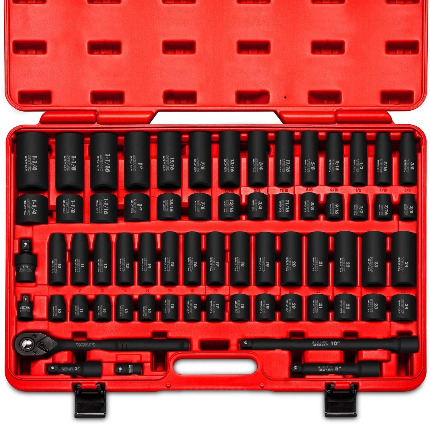 NEIKO 02448A 1/2" Drive Master Impact Socket Set, 65 Piece, Standard SAE (3/8"-1-1/4") & Metric (10-24 mm) Sizes, Deep & Shallow Kit, Includes Adapters & Ratchet Handle $134.99
