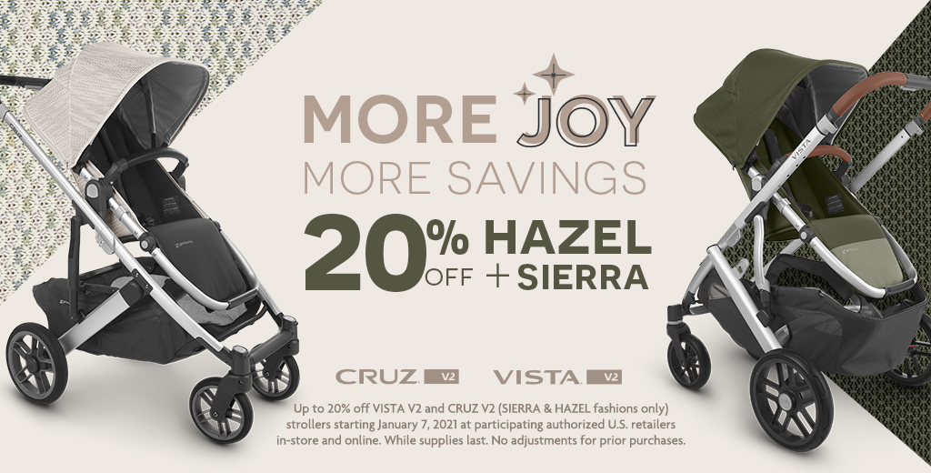 UPPAbaby Cruz V2 and Vista V2 baby strollers 20% off (Hazel and Sierra colors)