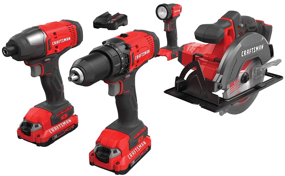 CRAFTSMAN V20 Cordless Drill Combo Kit, 4 Tool WIth Charger and 2 Batteries for $150