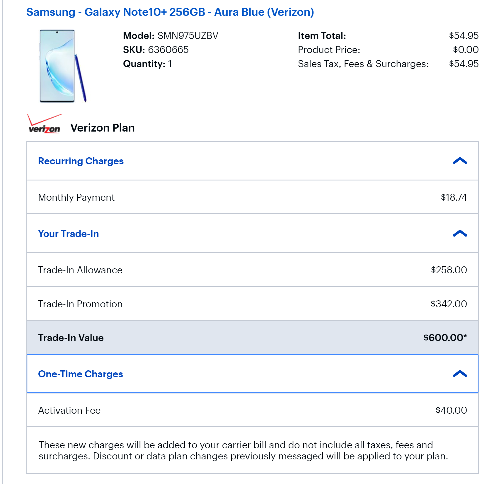 Best Buy Verizon 24mo Dpp Galaxy Note 10 256gb Aura Blue 18 74 Mo With Note 9 Trade In 449 99