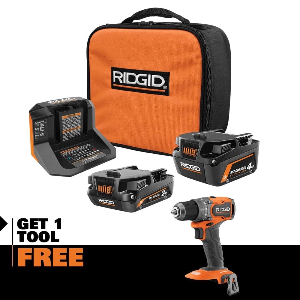 RIDGID 18V MAX Output Kit with 4.0 Ah MAX Output Battery, 2.0 Ah Battery, Charger & 18V SubCompact Brushless Drill/Driver AC8400240SB-R87012B - $152.10 w/Military Discount or $169