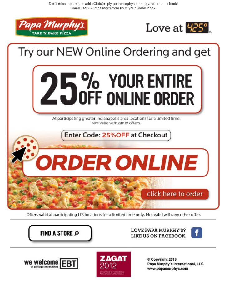 Papa Murphys 25 Off Entire Online Order Ymmv See Deal