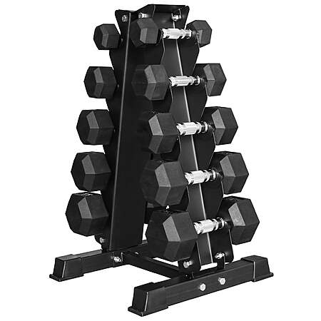 BalanceFrom 150LB Coated Hex Dumbbell Weight Set and A-Frame Storage Rack, 5-25 lbs Pairs $150 FS @ Walmart