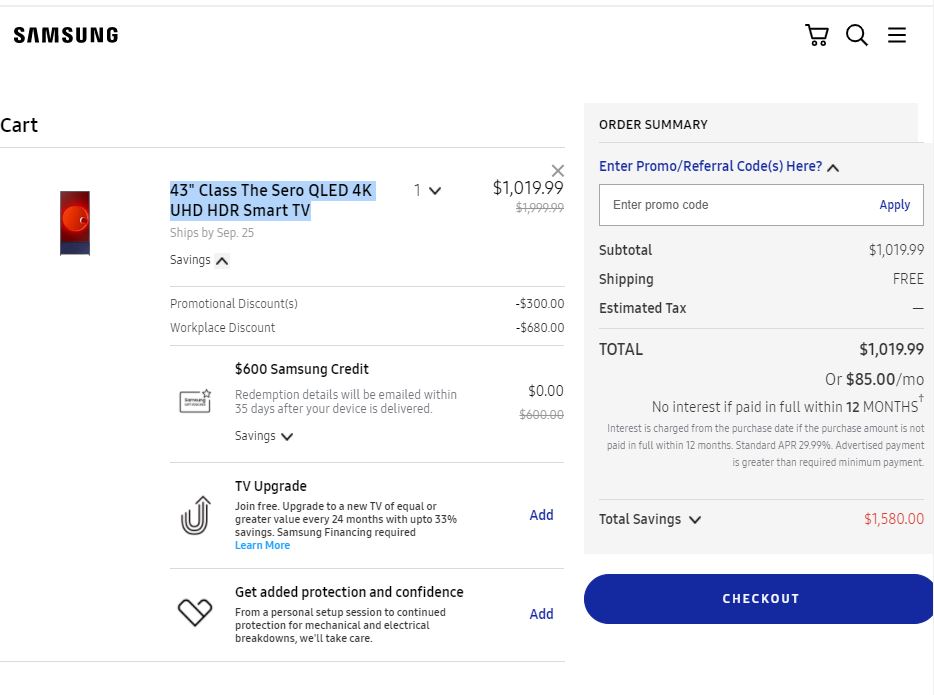 43&quot; Class The Sero QLED 4K UHD HDR Smart TV - $419 after $600 Samsung Credit and Workplace Discount(YMMV)