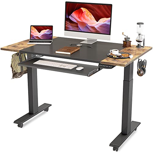 FEZIBO Dual Motor Height Adjustable Electric Standing Desk with Keyboard Tray, 48 x 24 Inch Sit Stand Table with Splice Board, Black Frame/Rustic Brown and Black Top $187.99