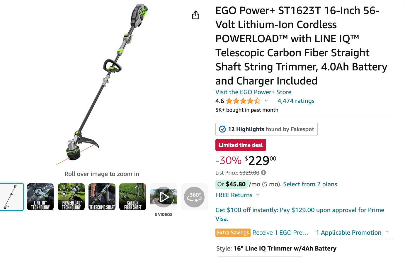 EGO Power+ ST1623T 16Inch 4.0Ah String Trimmer W FREE EGO AL2420PB