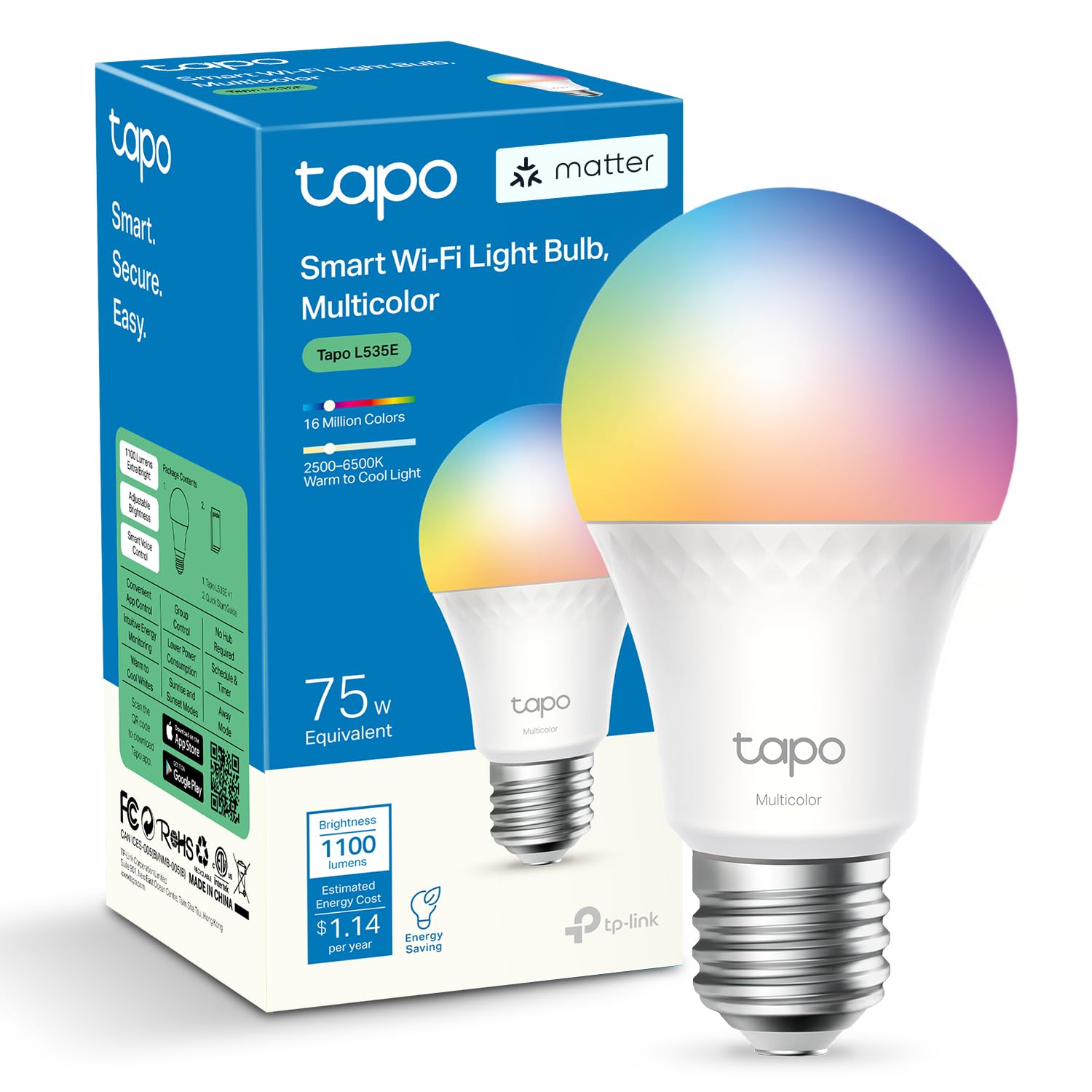 2-Pack Tapo 1100 Lumens A19 E26 Matter RGBW Smart Dimmable Light Bulb (L535E) $16 & More