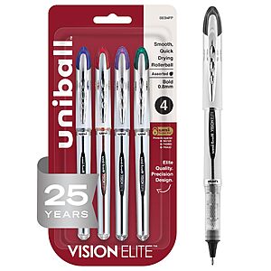 4-Pack 0.8mm uniball Vision Elite Rollerball Pens (assorted colors) $5.84 w/ Prime s/h