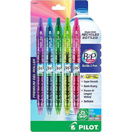 5-Pack 0.7mm Pilot B2P Assorted Colors - Bottle to Pen Rolling Ball Gel Pens $1.02 w/ Prime s/h