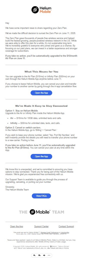 PSA- Helium Mobile Ending their Zero Plan 6/11/26. Users taking no action will automatically be switched to $15 plan