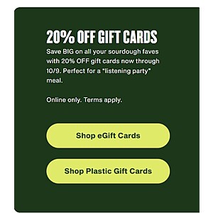 Panera Gift Cards 20% Off through 10/9 Online Only