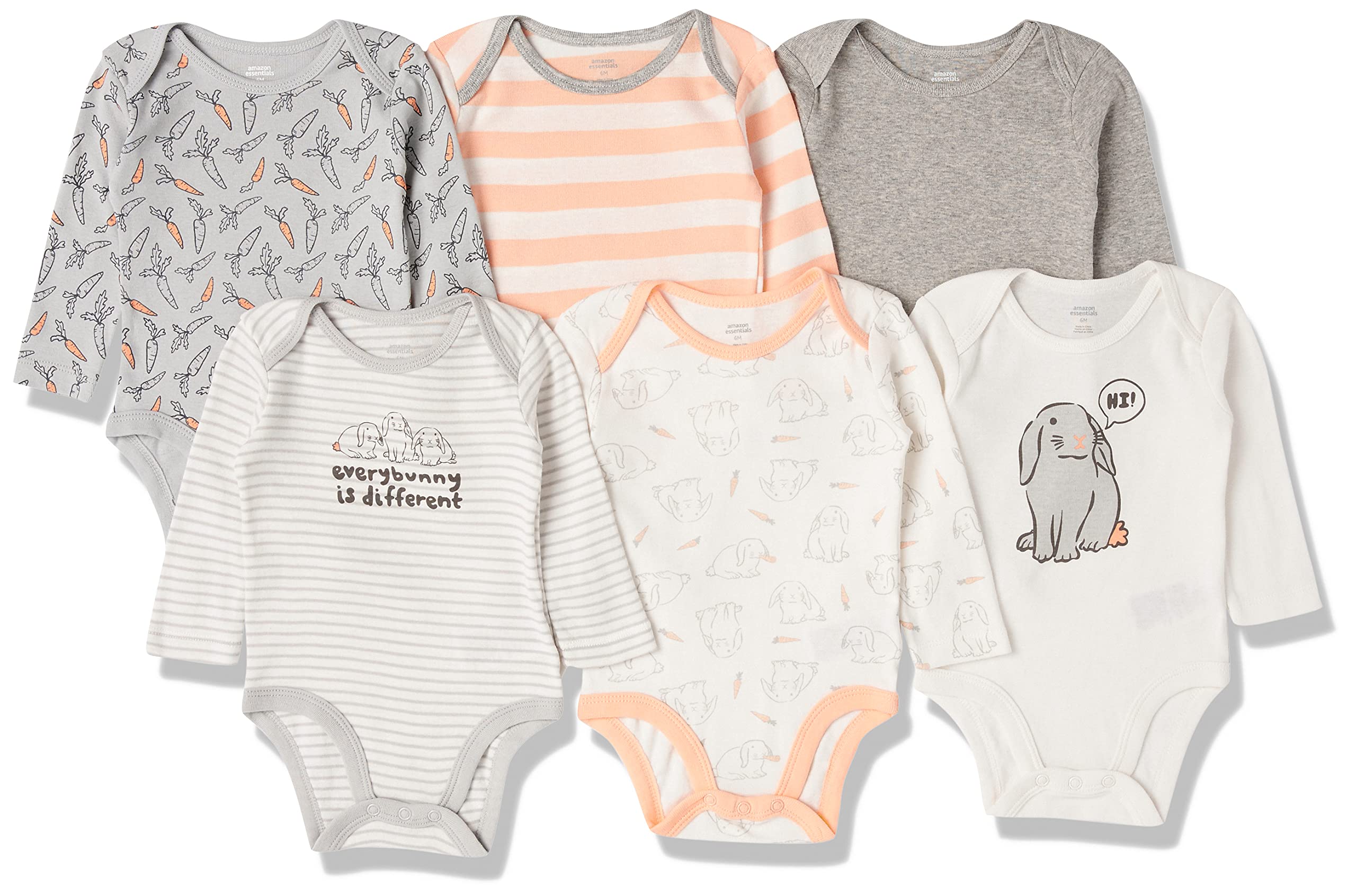 Amazon Essentials Baby Girls' LongSleeve Bodysuits, Pack of 6, 18