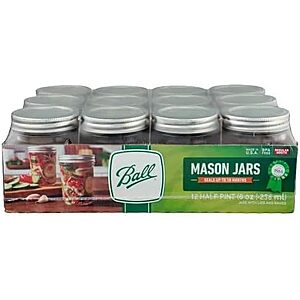 12-Pk Ball 8-Oz Regular Mouth Mason Jars w/ Lids & Bands $12 
