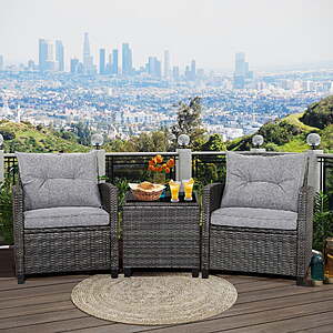 3-Pc Gymax Patio Rattan Sofa Set w/ Glass Tabletop (Grey Cushions) $143 + Free S&H