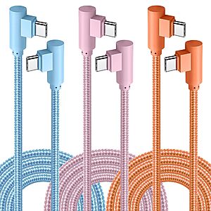 3-Pk 10' APFEN 60W USB-C to USB-C Nylon Braided 90-Degree Fast Charging Cable