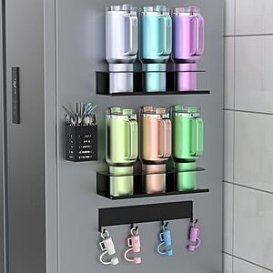 4-Pk Magnetic Cup Holder for Refrigerator w/ Lid Hook & Straw Holder