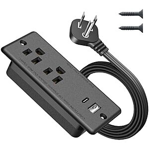 Jgstkcity Recessed Power Strip w/ 20W USB-C & 10' Flat Extension Cord (Black)