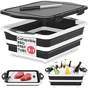 3-in-1 HI NINGER Collapsible BBQ Prep Tub w/ Lid, Colander, Cutting Board/Knife