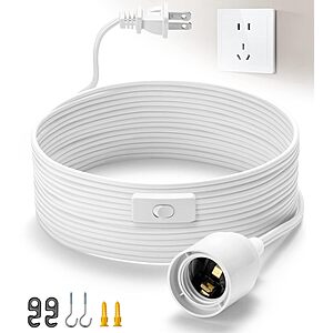 SIXZOONM 15' Plug-In Pendant Light Cord w/ E26 Socket & On/Off Switch (White)