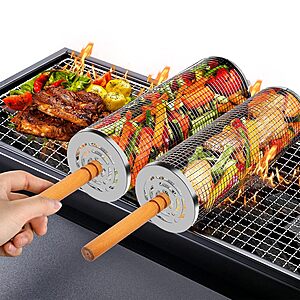 2-pk HOMPER 11.8" 304 Stainless Steel Nesting Rolling BBQ Grill Baskets